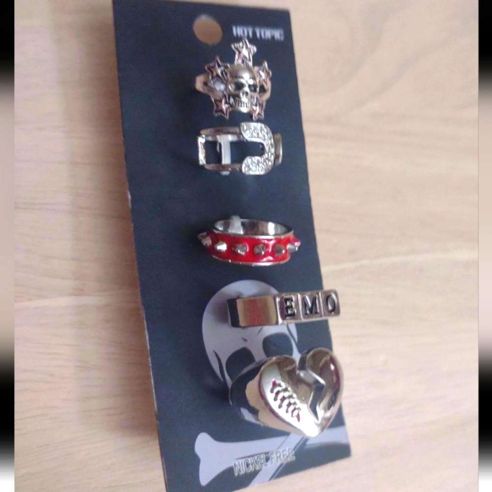 Skull Gothic Spiked Emo Heart Silver Ring Set